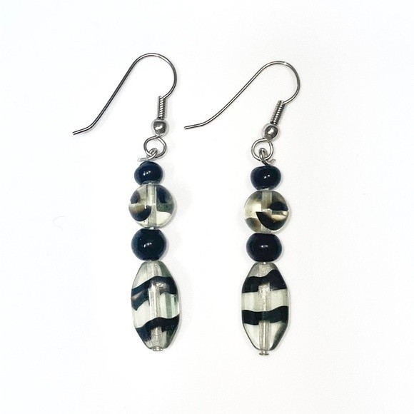 Black and Green Clear Transparent Beaded Dangle Earrings - Picture 1 of 3